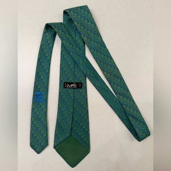 Hermès Vintage Green Link Patterned Silk Tie - Picture 2 of 3